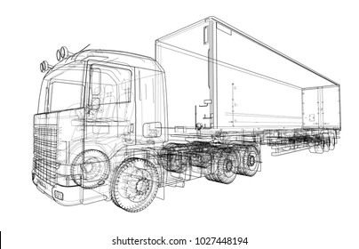 European truck outlined vector rendering of 3d. The layers of visible and invisible lines are separated