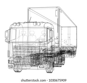 European truck outlined vector rendering of 3d. The layers of visible and invisible lines are separated