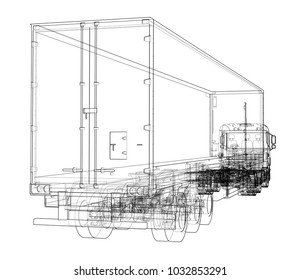 European truck outlined vector rendering of 3d. The layers of visible and invisible lines are separated