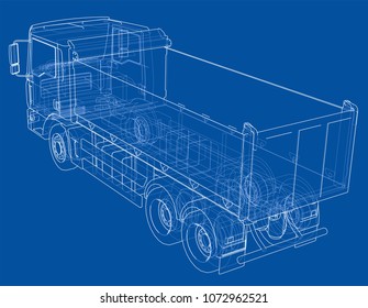 European truck outlined vector rendering of 3d. The layers of visible and invisible lines are separated