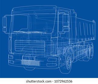 European truck outlined vector rendering of 3d. The layers of visible and invisible lines are separated