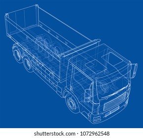 European truck outlined vector rendering of 3d. The layers of visible and invisible lines are separated