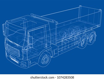 European truck outlined vector rendering of 3d. The layers of visible and invisible lines are separated