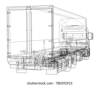 European truck outlined vector rendering of 3d. The layers of visible and invisible lines are separated