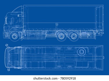 European truck outlined vector rendering of 3d. The layers of visible and invisible lines are separated