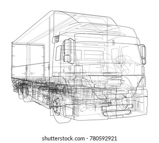 European truck outlined vector rendering of 3d. The layers of visible and invisible lines are separated