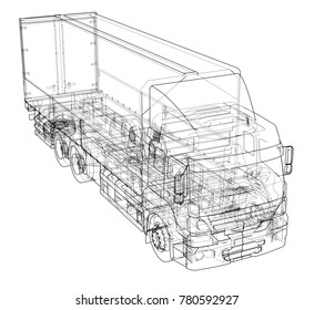 European truck outlined vector rendering of 3d. The layers of visible and invisible lines are separated