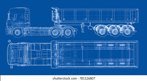 European truck outlined vector rendering of 3d. The layers of visible and invisible lines are separated