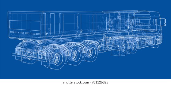 European truck outlined vector rendering of 3d. The layers of visible and invisible lines are separated