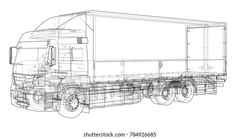 European truck outlined vector rendering. The layers of visible and invisible lines are separated