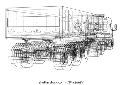 European truck outlined vector rendering. The layers of visible and invisible lines are separated