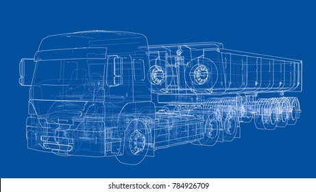 European truck outlined vector rendering. The layers of visible and invisible lines are separated