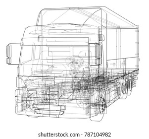 European truck outlined vector rendering of 3d. The layers of visible and invisible lines are separated