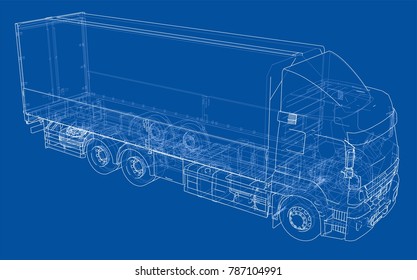 European truck outlined vector rendering of 3d. The layers of visible and invisible lines are separated