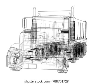 European truck outlined vector rendering of 3d. The layers of visible and invisible lines are separated