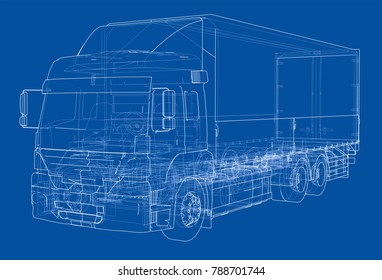 European truck outlined vector rendering of 3d. The layers of visible and invisible lines are separated