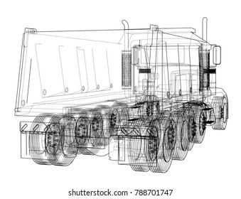 European truck outlined vector rendering of 3d. The layers of visible and invisible lines are separated