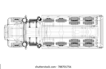 European truck outlined vector rendering of 3d. The layers of visible and invisible lines are separated