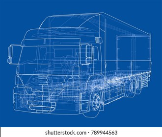 European truck outlined vector rendering of 3d. The layers of visible and invisible lines are separated