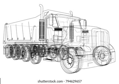 European truck outlined vector rendering of 3d. The layers of visible and invisible lines are separated