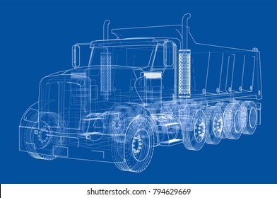 European truck outlined vector rendering of 3d. The layers of visible and invisible lines are separated