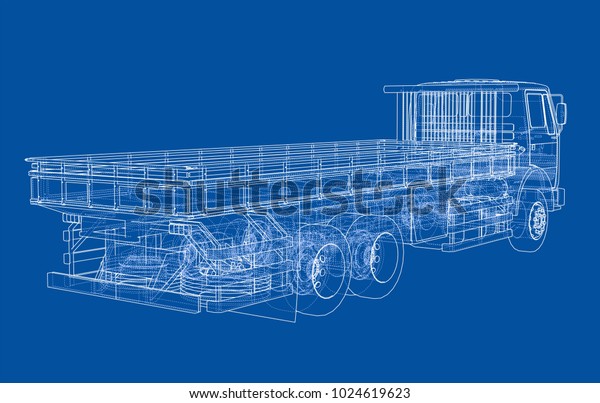 European truck outlined\
vector rendering of 3d. The layers of visible and invisible lines\
are separated