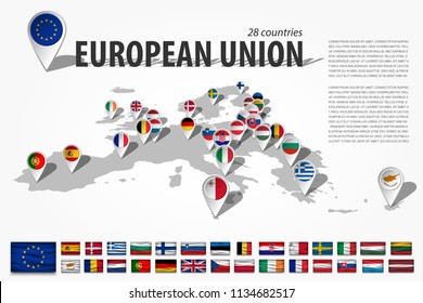 European union 28 countries and GPS navigator location pin with national flag on perspective europe continent map . And set of wavy style flag elements membership of EU . Vector .