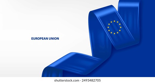 Bandera de cinta 3D de la Unión Europea. Bandera en 3D doblada en colores de la bandera de la Unión Europea. Diseño de fondo de bandera de la Unión Europea.