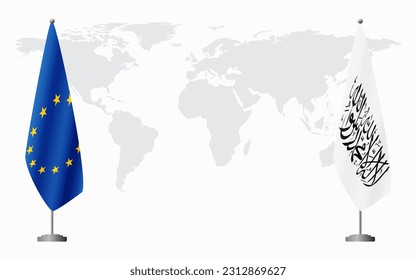 European Union and Afghanistan flags for official meeting against background of world map.