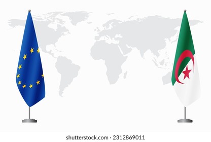 European Union and Algeria flags for official meeting against background of world map.