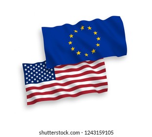 European Union and American flags isolated on white background. Vector illustration of the EU und USA flags waving