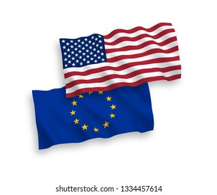 European Union and American flags isolated on white background. Vector illustration of the EU und USA flags waving 1 to 2 proportion.