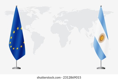 European Union and Argentina flags for official meeting against background of world map.