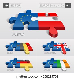 European Union and Austria, Belgium, United Kingdom, Germany, Ireland Flag. 3d vector puzzle. Set 01.