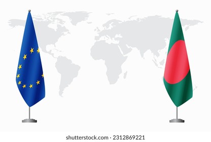 European Union and Bangladesh flags for official meeting against background of world map.