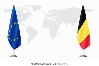 European Union and Belgium flags for official meeting against background of world map.