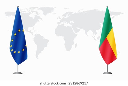 European Union and Benin flags for official meeting against background of world map.