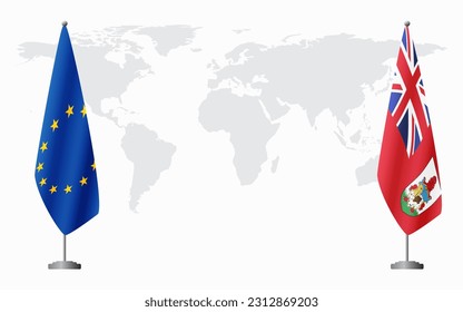 European Union and Bermuda flags for official meeting against background of world map.