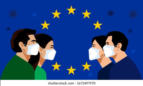 European Union: blue flag with golden stars. Pandemic 2019-nCoV. Quarantine in the European Union. People in white medical face mask. Vector illustration.