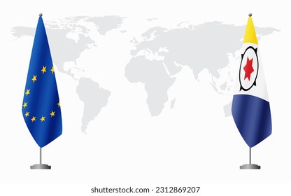 European Union and Bonaire flags for official meeting against background of world map.