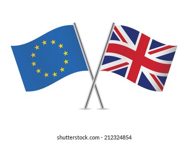 European Union and Britain crossed flags. EU and British flags on white background. Vector illustration.