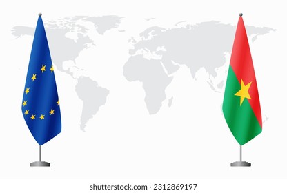 Die Europäische Union und Burkina Faso Flaggen für offizielle Treffen vor dem Hintergrund der Weltkarte.