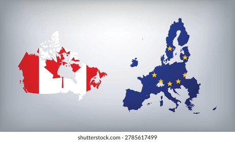 European Union and Canada Map Flags Vector Illustration, European Union and Canada Country Shapes Design