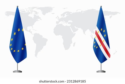 European Union and Cape Verde flags for official meeting against background of world map.