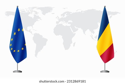 European Union and Chad flags for official meeting against background of world map.