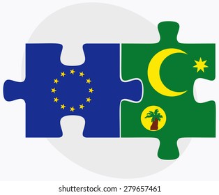 European Union and Cocos (Keeling) Islands Flags in puzzle isolated on white background