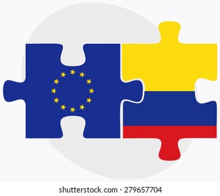 European Union and Colombia Flags in puzzle isolated on white background 