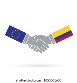 European union and Colombia handshake business agreement.