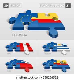 European Union and Colombia, Peru, Uruguay, Chile, Ecuador Flag. 3d vector puzzle. Set 21.