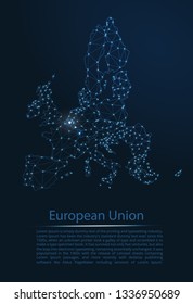European Union communication network map. Vector low poly image of a global map with lights in the form of cities population density consisting of points and shapes in the form of stars and space.